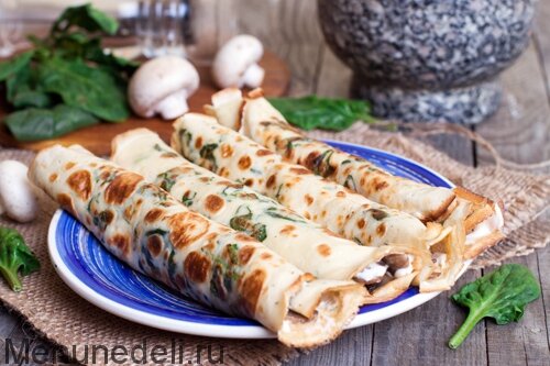 Неповторимые блинчики на пиве с грибами и шпинатом